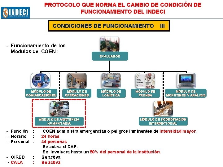 PROTOCOLO QUE NORMA EL CAMBIO DE CONDICIÓN DE FUNCIONAMIENTO DEL INDECI CONDICIONES DE FUNCIONAMIENTO