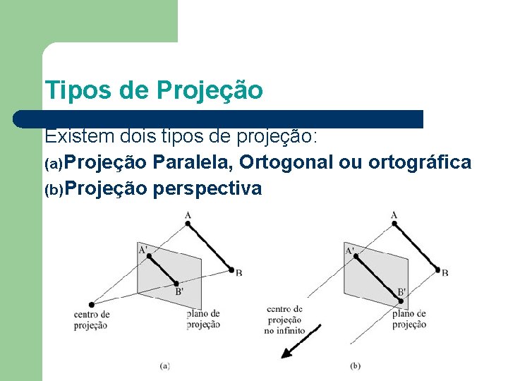 Tipos de Projeção Existem dois tipos de projeção: (a) Projeção Paralela, Ortogonal ou ortográfica