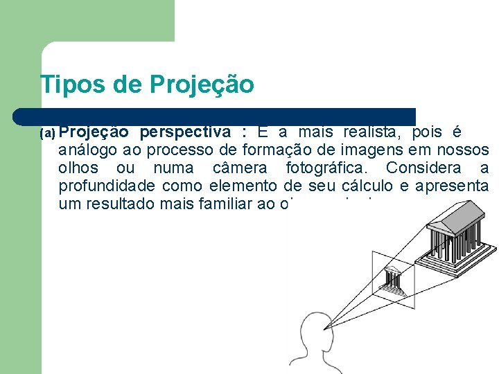 Tipos de Projeção (a) Projeção perspectiva : É a mais realista, pois é análogo