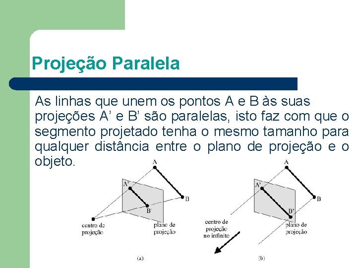 Projeção Paralela As linhas que unem os pontos A e B às suas projeções