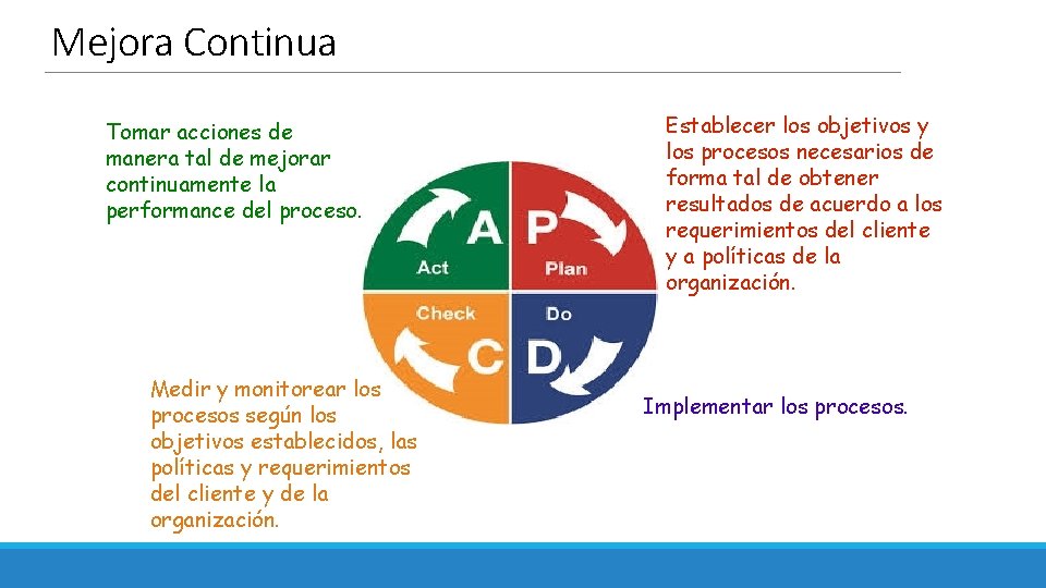 Mejora Continua Tomar acciones de manera tal de mejorar continuamente la performance del proceso.