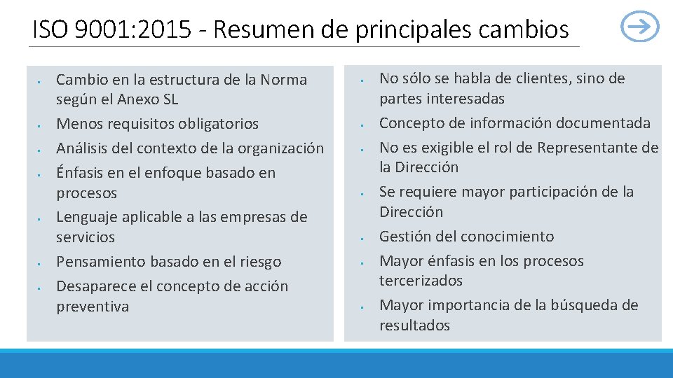 ISO 9001: 2015 - Resumen de principales cambios § § § § Cambio en