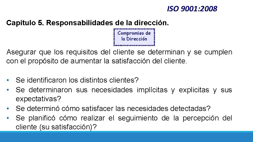 ISO 9001: 2008 Capítulo 5. Responsabilidades de la dirección. Compromiso de la Dirección Asegurar