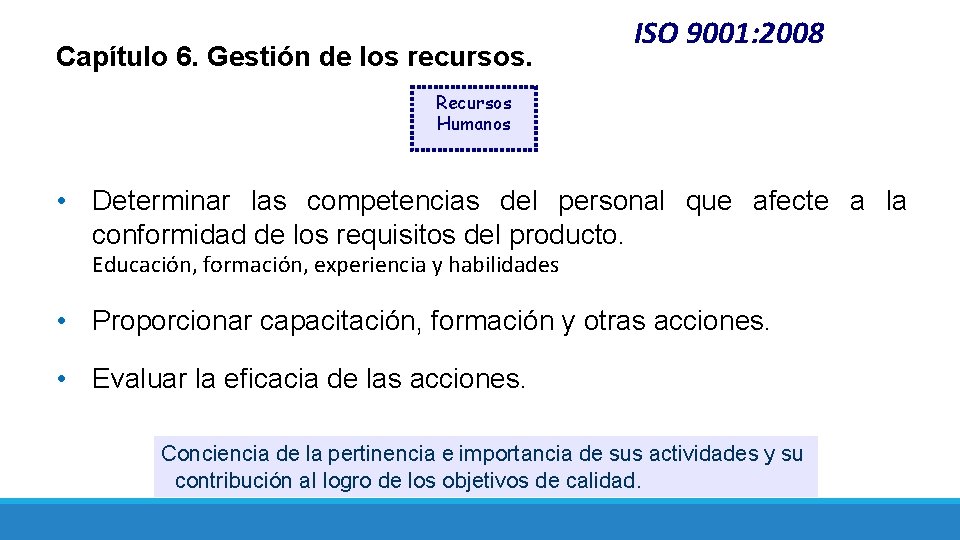 Capítulo 6. Gestión de los recursos. ISO 9001: 2008 Recursos Humanos • Determinar las