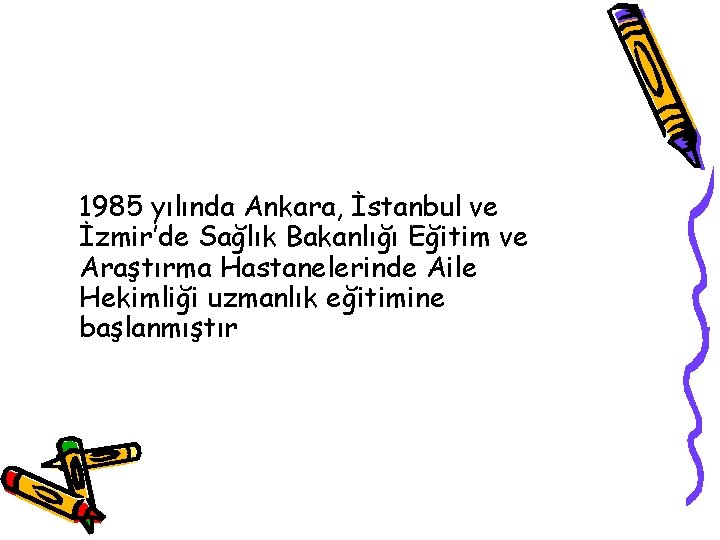  1985 yılında Ankara, İstanbul ve İzmir’de Sağlık Bakanlığı Eğitim ve Araştırma Hastanelerinde Aile