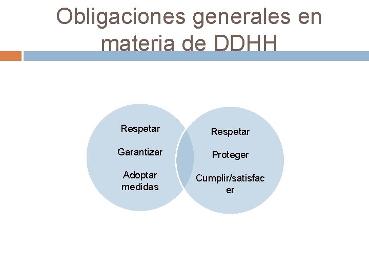 Obligaciones generales en materia de DDHH Respetar Garantizar Proteger Adoptar medidas Cumplir/satisfac er 