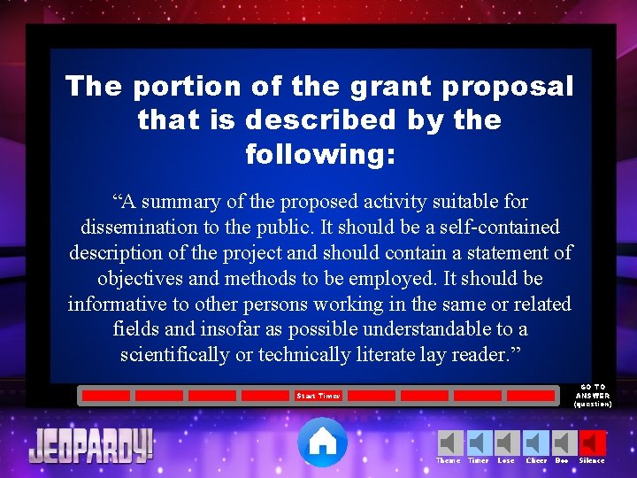 The portion of the grant proposal that is described by the following: “A summary