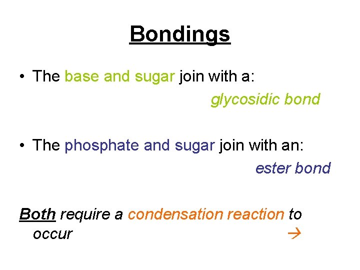 Bondings • The base and sugar join with a: glycosidic bond • The phosphate