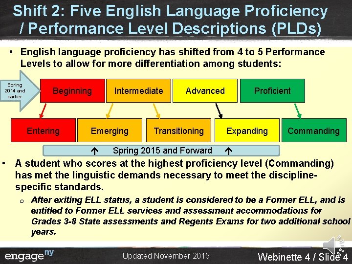 Shift 2: Five English Language Proficiency / Performance Level Descriptions (PLDs) • English language