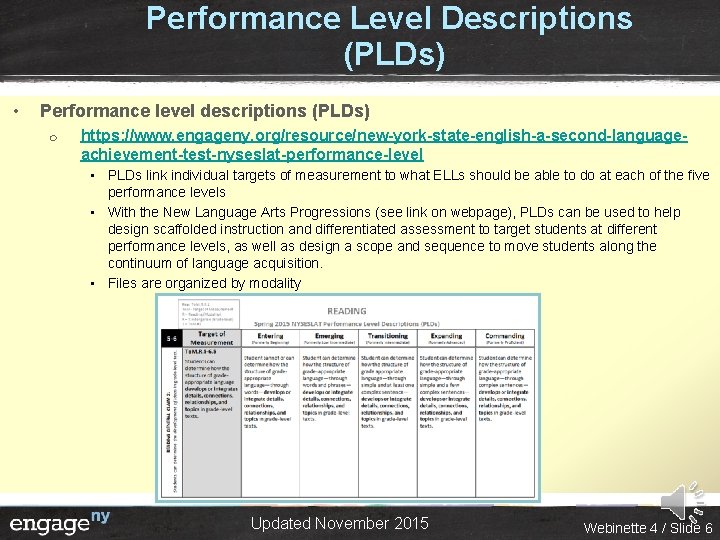 Performance Level Descriptions (PLDs) • Performance level descriptions (PLDs) ¦ https: //www. engageny. org/resource/new-york-state-english-a-second-languageachievement-test-nyseslat-performance-level