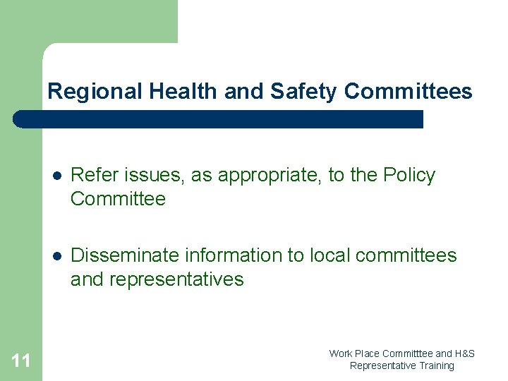 Regional Health and Safety Committees 11 l Refer issues, as appropriate, to the Policy