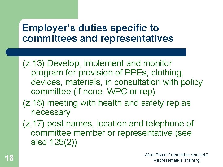 Employer’s duties specific to committees and representatives (z. 13) Develop, implement and monitor program