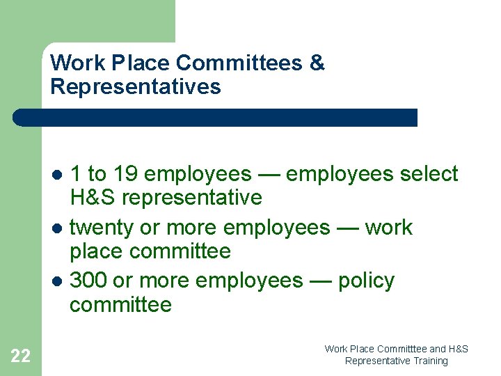 Work Place Committees & Representatives 1 to 19 employees — employees select H&S representative