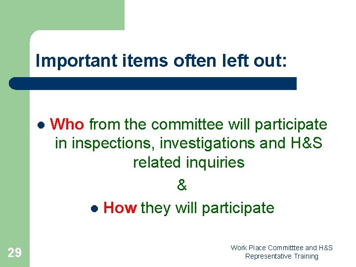 Important items often left out: l 29 Who from the committee will participate in