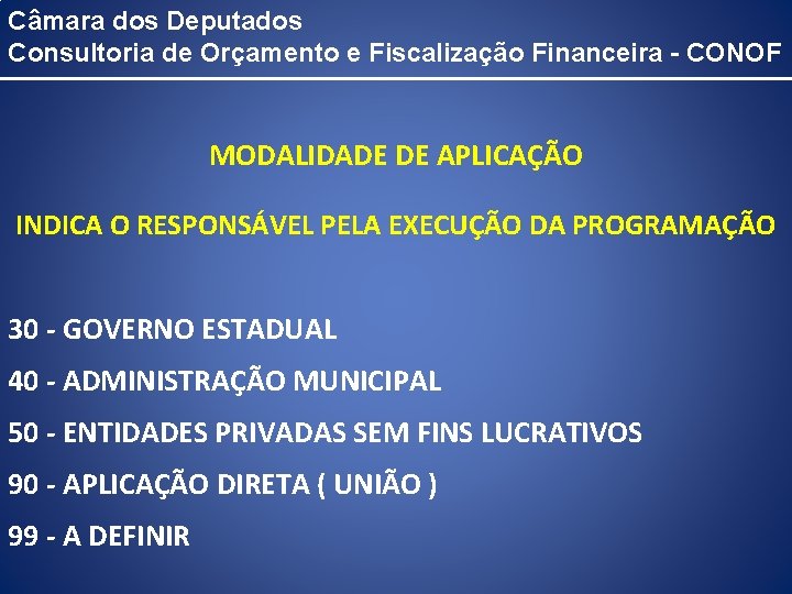 Câmara dos Deputados Consultoria de Orçamento e Fiscalização Financeira - CONOF MODALIDADE DE APLICAÇÃO