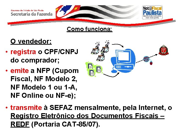 Como funciona: O vendedor: • registra o CPF/CNPJ do comprador; • emite a NFP