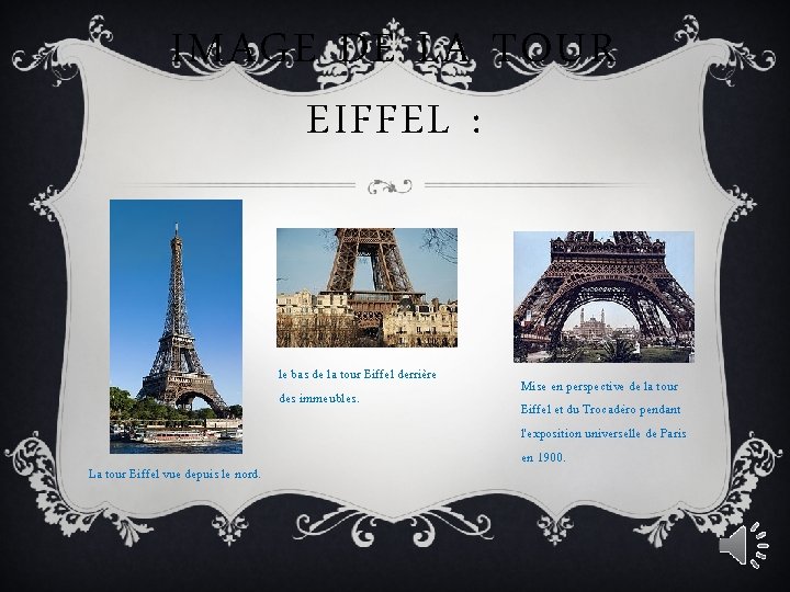 IMAGE DE LA TOUR EIFFEL : le bas de la tour Eiffel derrière des