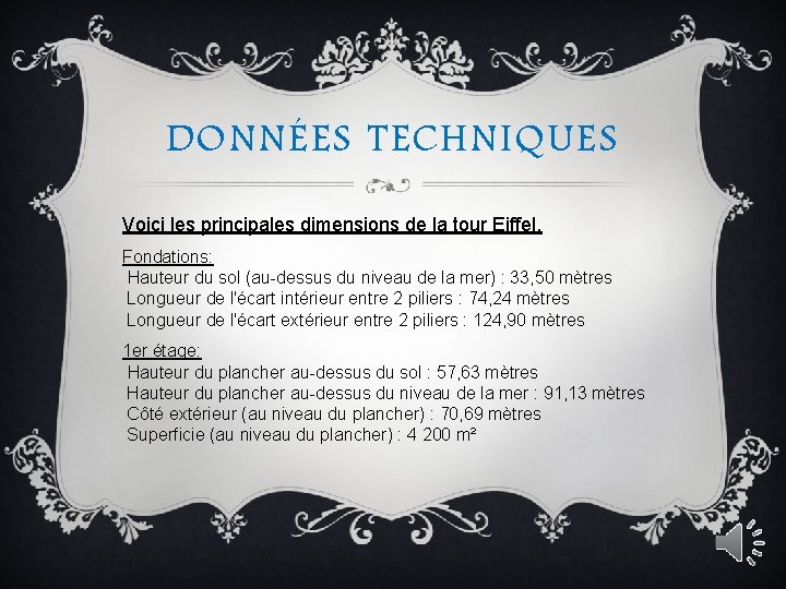 DONNÉES TECHNIQUES Voici les principales dimensions de la tour Eiffel. Fondations: Hauteur du sol