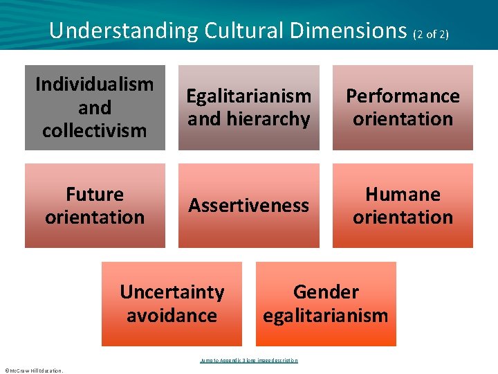 Understanding Cultural Dimensions (2 of 2) Individualism and collectivism Future orientation Egalitarianism and hierarchy