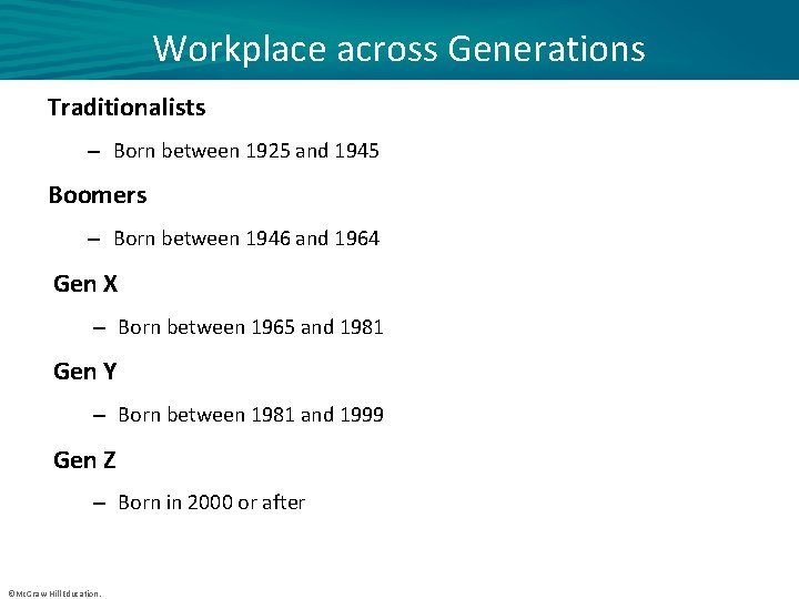 Workplace across Generations Traditionalists – Born between 1925 and 1945 Boomers – Born between