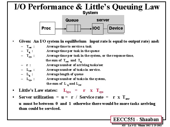 I/O Performance & Little’s Queuing Law System Queue Proc • server IOC Device Given: