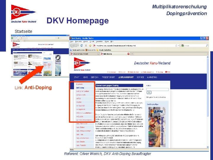 DKV Homepage Startseite Link: Anti-Doping Referent: Oliver Weirich, DKV Anti-Doping Beauftragter Multiplikatorenschulung Dopingprävention 