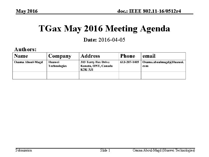 May 2016 doc. : IEEE 802. 11 -16/0512 r 4 TGax May 2016 Meeting