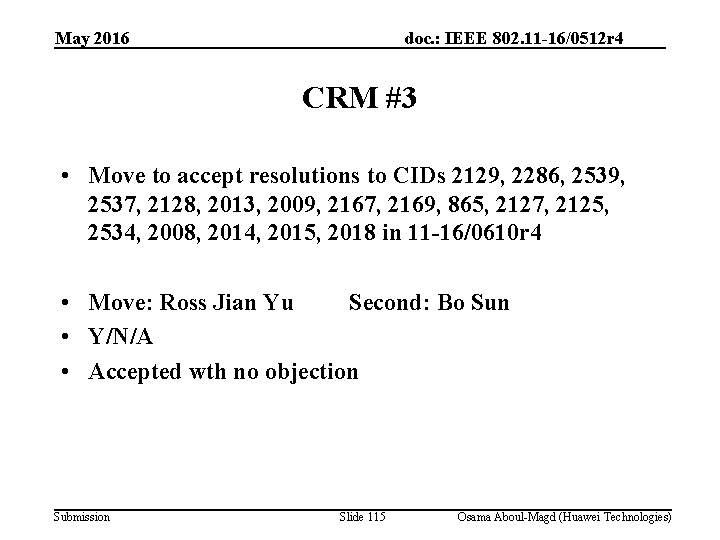 May 2016 doc. : IEEE 802. 11 -16/0512 r 4 CRM #3 • Move