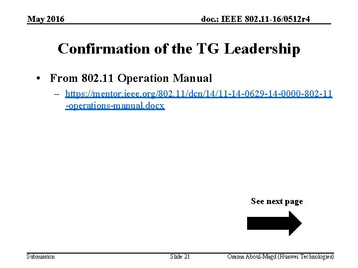 May 2016 doc. : IEEE 802. 11 -16/0512 r 4 Confirmation of the TG