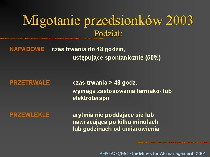 Migotanie przedsionków 2003 Podział: NAPADOWE czas trwania do 48 godzin, ustępujące spontanicznie (50%) PRZETRWAŁE