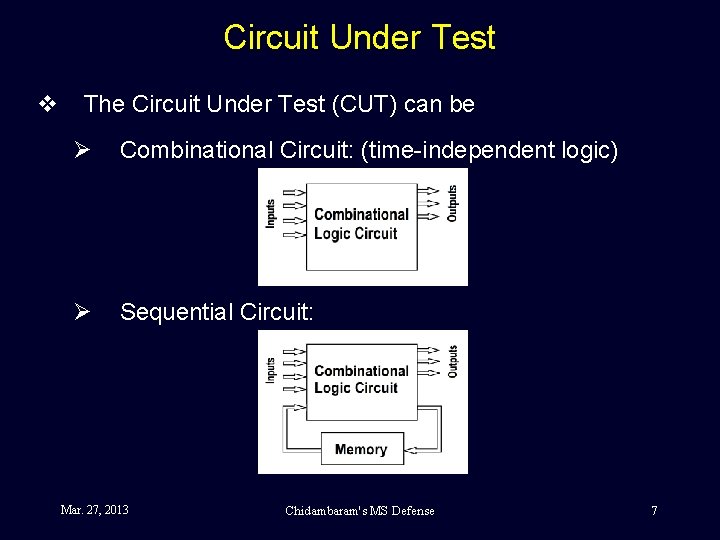 Circuit Under Test v The Circuit Under Test (CUT) can be Ø Combinational Circuit: