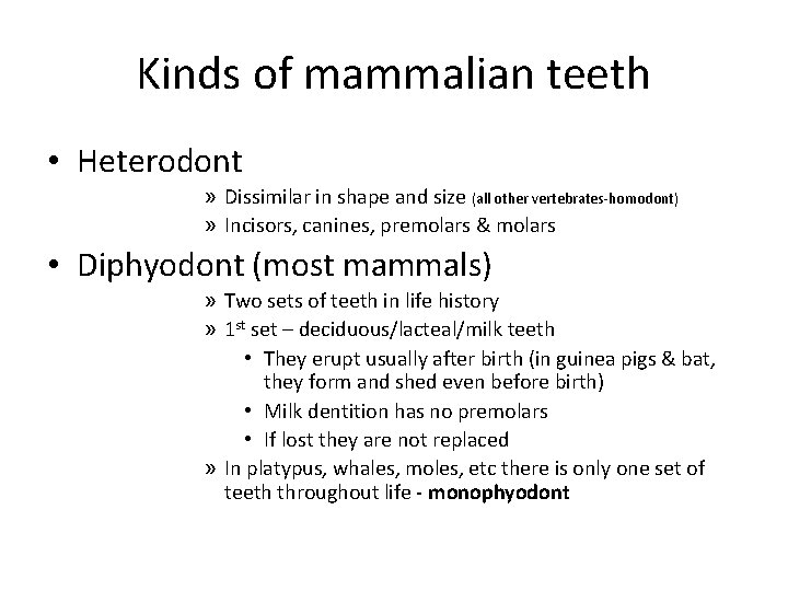 Kinds of mammalian teeth • Heterodont » Dissimilar in shape and size (all other