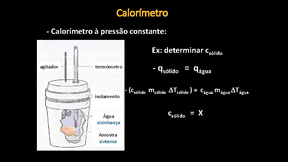 Calorímetro - Calorímetro à pressão constante: Ex: determinar csólido agitador termómetro isolamento Água vizinhança