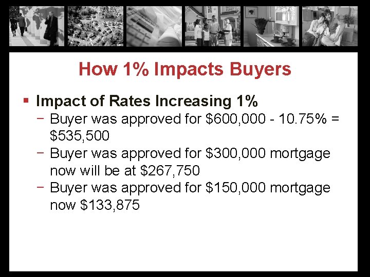 How 1% Impacts Buyers § Impact of Rates Increasing 1% − Buyer was approved