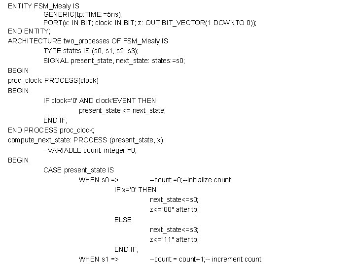 ENTITY FSM_Mealy IS GENERIC(tp: TIME: =5 ns); PORT(x: IN BIT; clock: IN BIT; z: