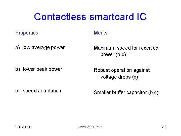 Contactless smartcard IC Properties Merits a) low average power Maximum speed for received power