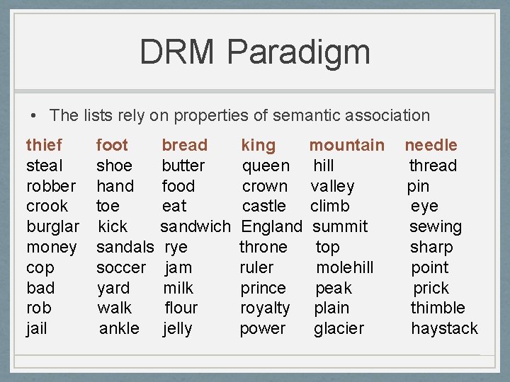 DRM Paradigm • The lists rely on properties of semantic association thief steal robber
