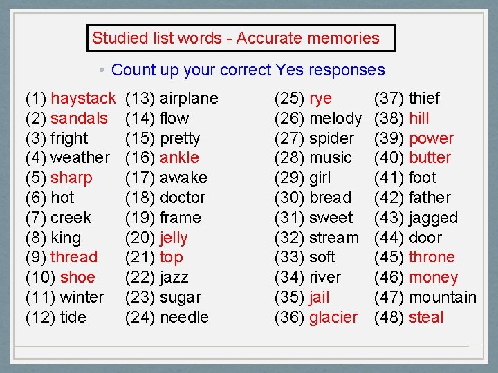 Studied list words - Accurate memories • Count up your correct Yes responses (1)