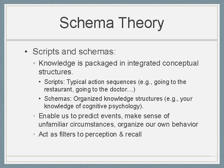 Schema Theory • Scripts and schemas: • Knowledge is packaged in integrated conceptual structures.