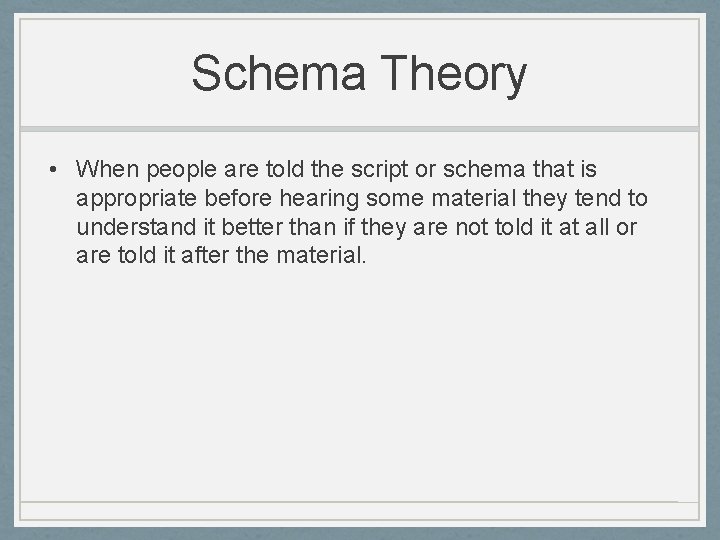 Schema Theory • When people are told the script or schema that is appropriate