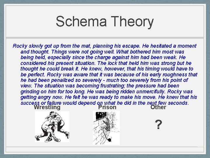 Schema Theory Rocky slowly got up from the mat, planning his escape. He hesitated