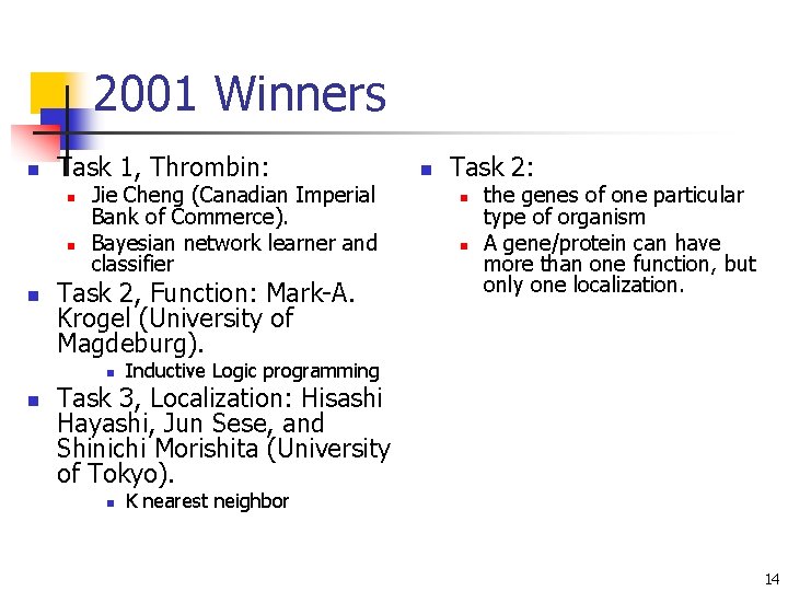 2001 Winners n Task 1, Thrombin: n n n Jie Cheng (Canadian Imperial Bank