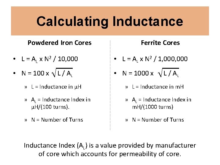 Calculating Inductance Powdered Iron Cores Ferrite Cores • L = AL x N 2
