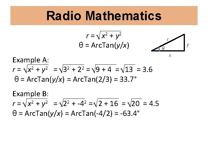 Radio Mathematics r = x 2 + y 2 θ = Arc. Tan(y/x) Example