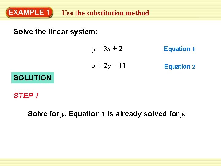 EXAMPLE 1 Use the substitution method Solve the linear system: y = 3 x