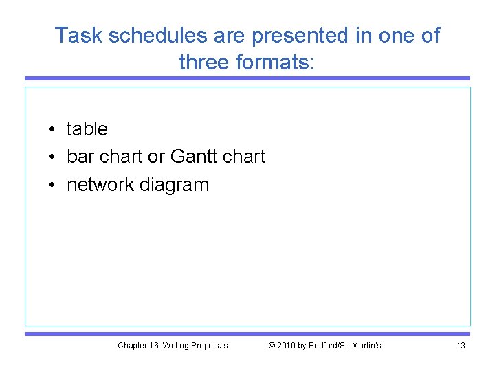 Task schedules are presented in one of three formats: • table • bar chart