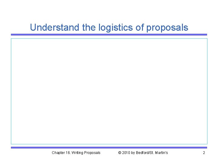 Understand the logistics of proposals Chapter 16. Writing Proposals © 2010 by Bedford/St. Martin's