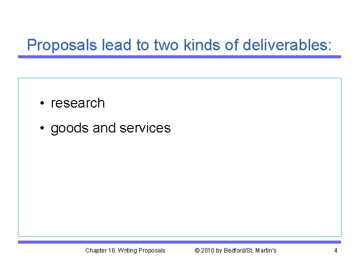 Proposals lead to two kinds of deliverables: • research • goods and services Chapter