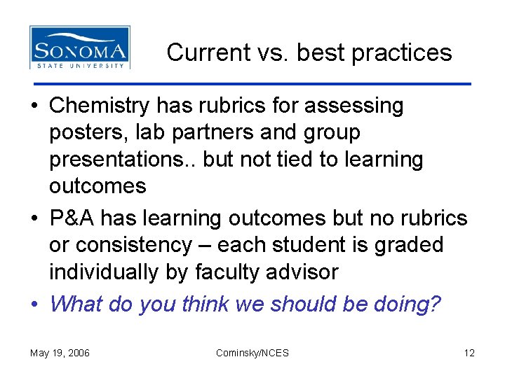Current vs. best practices • Chemistry has rubrics for assessing posters, lab partners and