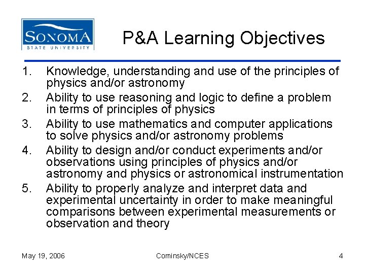 P&A Learning Objectives 1. 2. 3. 4. 5. Knowledge, understanding and use of the
